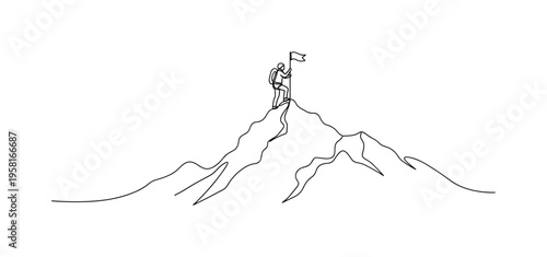 Summit Victory Flag. Minimalistic one-line drawing climber planting a small flag on the mountain summit peak, continuous single black line on white background,