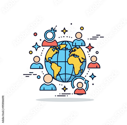 Social development initiative globe icon surrounded by people symbols and star accents suggesting global efforts to reduce poverty and improve quality of life.