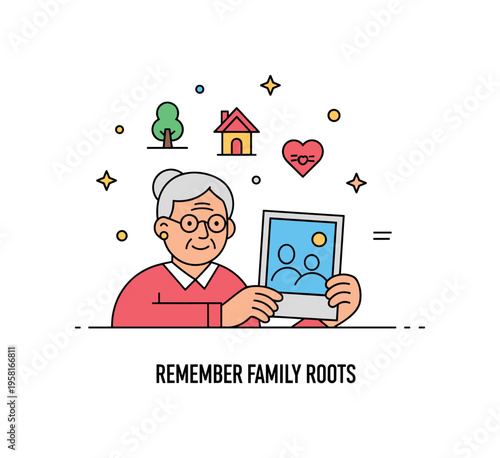 Remembering family roots a storytelling moment where a grandparent holds an old photograph while small icons of a tree house and heart appear above,