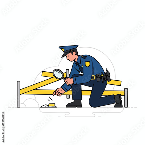 Officer examines evidence with a magnifying glass near yellow crime scene tape