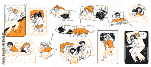 Illustrations display diverse sleeping positions featuring individuals with pets, partners, or technology, highlighting the comfort and companionship found in restful moments.