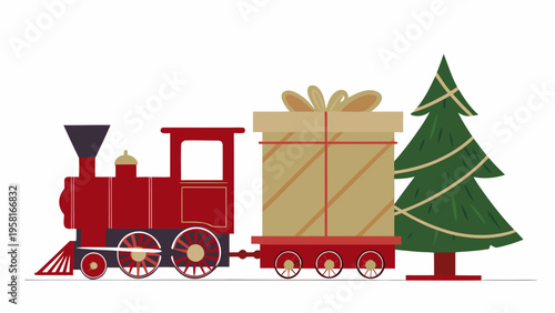 Festive red train carrying a large gift toward a christmas tree