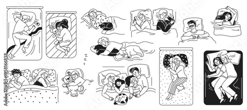 Illustration showcases different sleeping positions including alone, with partners, and pets, capturing diverse resting styles in a playful, artistic manner.