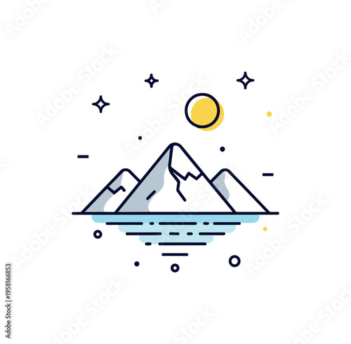 Zen inspired natural scene featuring a simple mountain outline, calm water line, and small circular sun above, expressing mindfulness and visual balance. The