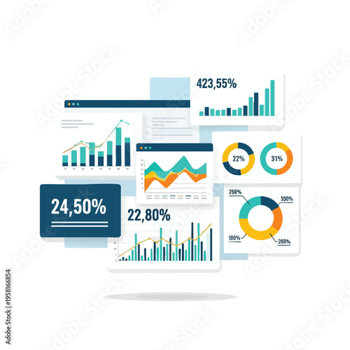 Overlapping screens showcase various data visualizations bar, line, area, and donut charts