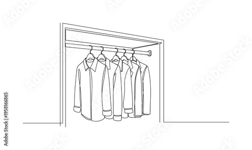 Clothing Rod. Minimalistic one-line drawing simple closet rod holding shirts and jackets neatly on hangers, continuous single black line on white background,
