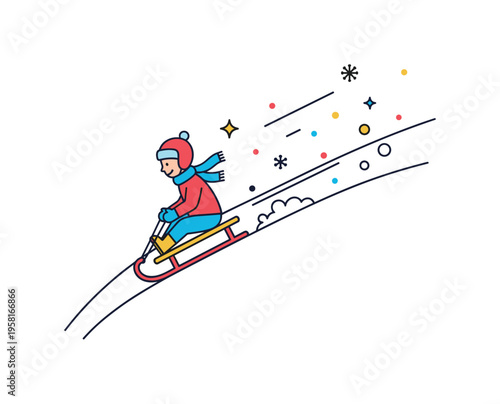 Winter sledding fun child rushing downhill on a small sled while snowy curves of the hill and tiny sparkling snow icons emphasize motion and excitement. The