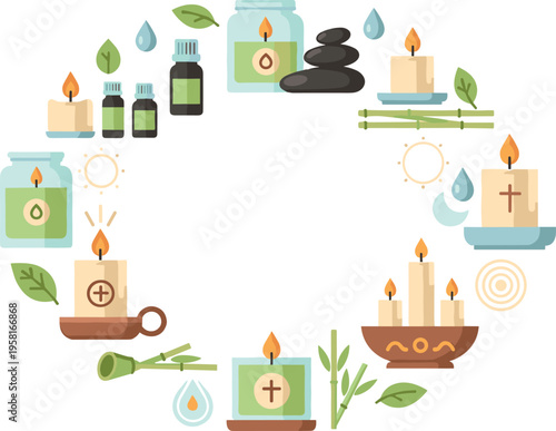 Aromatherapy spa candles and essential oil elements with herbs stones wellness relaxation vector illustration set