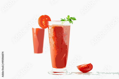 A vibrant illustration of a bloody mary cocktail with tomato garnish