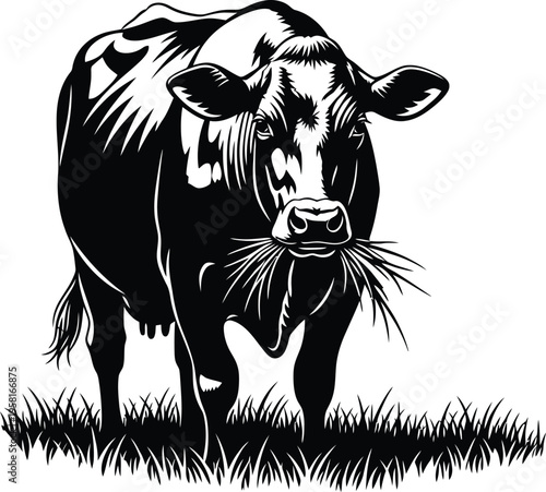 Black and white illustration of a cow standing in a field