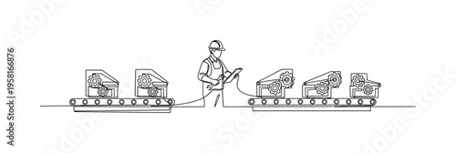 Assembly Line Maintenance. Minimalistic one-line drawing worker checking multiple machines along assembly line, continuous single black line on white