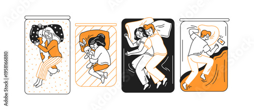 Illustration depicts four diverse sleeping positions featuring individuals cuddling pillows, stuffed animals, and partners in warm tones for relaxation.