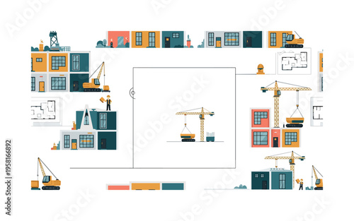 modern prefabricated homes seamless pattern, modular units, construction cranes, workers, architectural plans and tools arranged in a repeating pattern, white