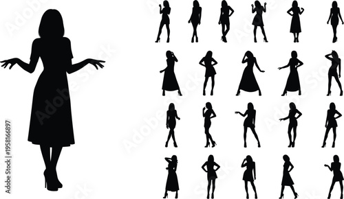 Collection of female silhouettes in various poses standing fashion figures elegant women shapes isolated on white background minimal vector illustration stylish set