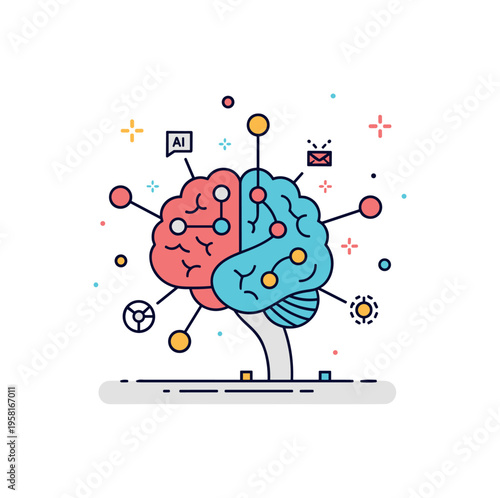 AI neural network system a stylized digital brain connected to multiple small nodes and data points forming a visual metaphor for deep learning and automated