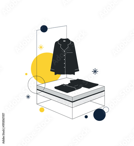 black-and-white pajama set placed on a neatly made bed corner, geometric rectangles suggesting mattress layers and structure, floating circles and small