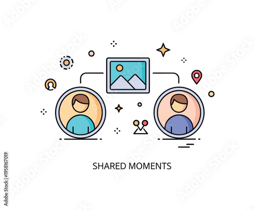 Building friendships through shared content depicted by two profile icons connected by a photo symbol, expressing bonding over common interests and online