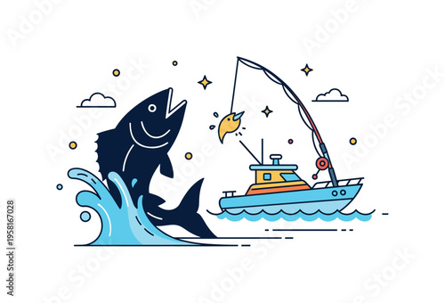Deep sea fishing trophy catch illustrated by a large fish silhouette emerging from the water beside a small boat with a raised fishing rod. The bold scene