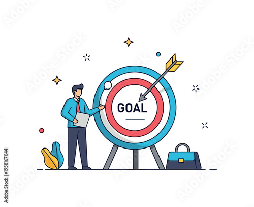 Entrepreneurial mindset confident professional standing beside a target board with an arrow hitting the center marked Goal. The illustration reflects focus,