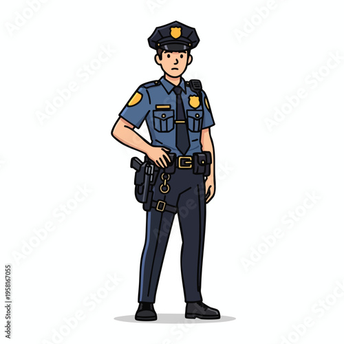 A flat illustration of a male police officer standing, hand on hip, ready