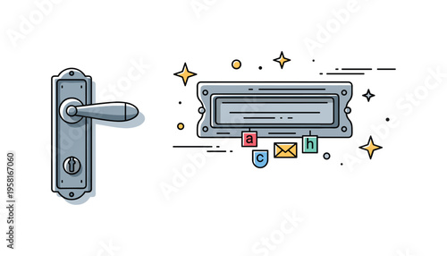 Mailbox slot close-up view of a mailbox slot with decorative frame on a door representing home entry, communication, and aesthetic detail. Decorative stars and