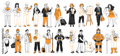 A diverse group of people representing various occupations is depicted in line art style. Each character is shown with workrelated attire and tools, highlighting their profession.