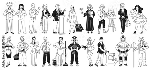 Black and white illustration showcasing various professional characters including chefs, scientists, artists, and more, each performing distinct tasks.