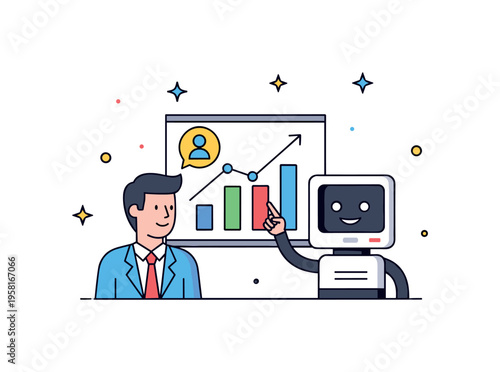 Future workplace collaboration featuring a human professional and a friendly AI assistant icon analyzing a rising data chart together. The