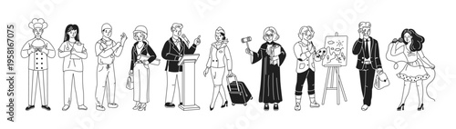 Black and white illustration depicting various professionals including a chef, teacher, artist, lawyer, and singer, showcasing career diversity.