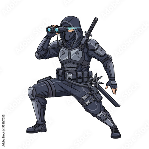 Stealthy operative in dark gear scopes surroundings with binoculars, sword at hip