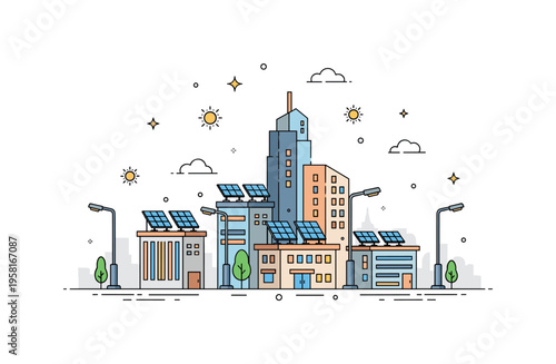 Solar power city skyline with solar panels installed on rooftops and streetlights representing urban renewable energy, sustainable infrastructure,