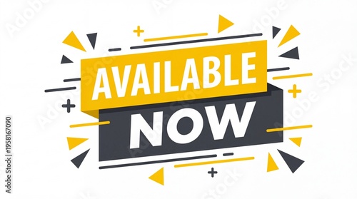 Available now bold typography badge featuring modern geometric shapes and dynamic yellow and black color palette for professional marketing promotions and commercial sales announcements on white