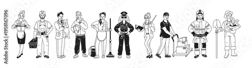 Illustration showcasing diverse professions including chef, engineer, doctor, police officer, and more, each depicted in distinct clothing and tools.