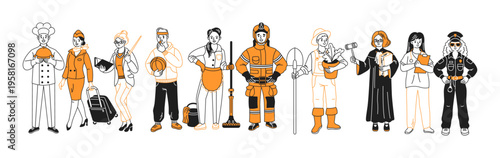 A vibrant illustration showcasing diverse career professionals in various attires including chef, flight attendant, artist, and more, each representing unique roles and tools.
