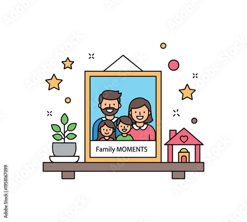 Family moments home display framed photo of smiling relatives placed on a small shelf beside a tiny houseplant and decorative stars. Cozy concept representing