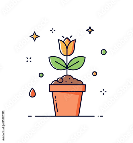 Flower propagation process illustrated by a small seedling sprouting from soil in a pot, symbolizing early growth stages and nursery care. The neat icon-scene