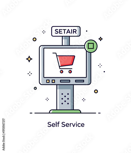 Retail self ordering kiosk illustrated through a slim touchscreen stand with a shopping cart icon displayed prominently. A compact ?Self Service? caption