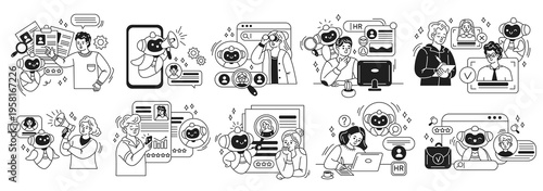 Set of black and white vector illustrations, showcasing AI in recruitment. Friendly robots assist people in hiring processes, reviewing resumes, and making selections.