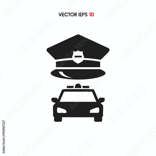 Stylized silhouette of a police officer's hat and car on a white background