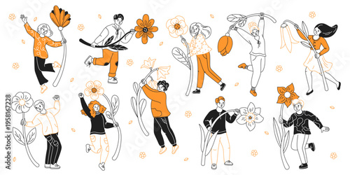 A vibrant illustration featuring joyful people interacting with oversized flowers in playful poses. The color palette is dominated by orange, black, and white.