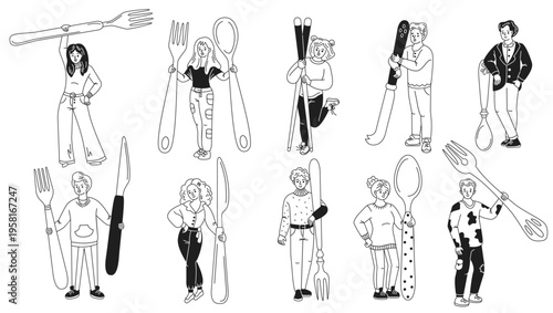 Black and white handdrawn illustration of diverse individuals playfully holding oversized cutlery. The image showcases creativity and humor in a cartoon style. Perfect for foodrelated projects.