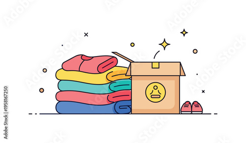 Home organization moment with a tidy clothing pile next to an open donation box while a small sparkle icon suggests a fresh start. Calm everyday