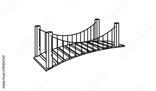 Silhouette of a suspension bridge with a curved roadway and cable supports