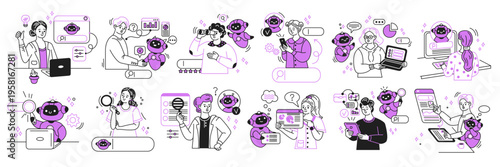 Illustration featuring people and artificial intelligence working together, exchanging ideas and information. Vibrant purple and black colors highlight a futuristic and collaborative environment