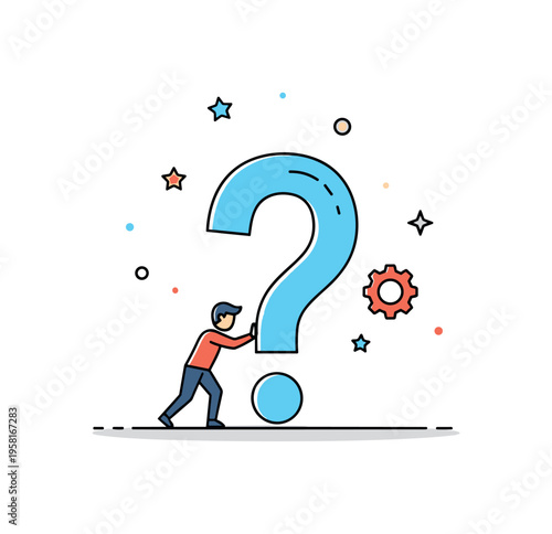 Cognitive effort moment illustrated by a small figure pushing a large question mark while a tiny gear icon appears nearby. Playful conceptual metaphor of