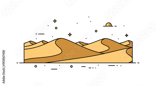 Golden desert dunes tall layered dunes forming smooth flowing hills across an open desert horizon under a bright sun. The scene represents the iconic landscape