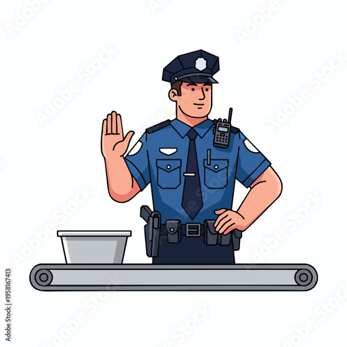 Officer at security checkpoint, holding up hand, with tray and conveyor belt