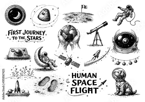 世界宇宙飛行の日をテーマにした宇宙探査手描きペン画イラストセット、Hand-drawn Space Exploration Illustration Set for International Day of Human Space Flight
