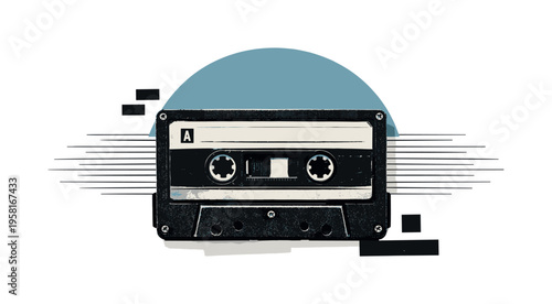 black and white vintage cassette tape enlarged centrally, layered paper cut collage look, oversized muted blue semicircle intersecting the top edge, thin