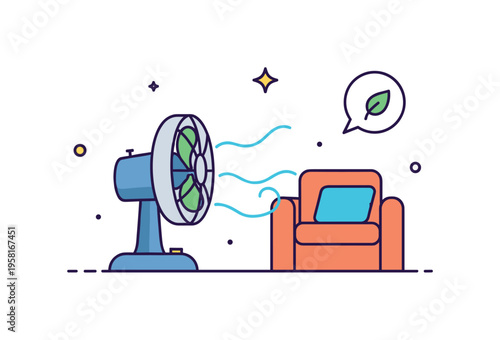 Electric fan cooling a small living space with gentle airflow lines spinning from a compact desk fan while a tiny sparkle and leaf icon suggest refreshing